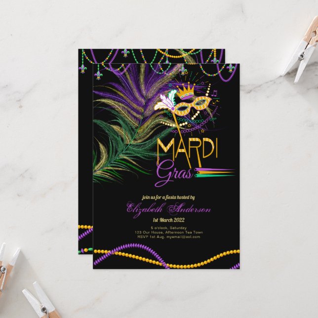 Invitation Fleurs MARDI GRAS modernes perles de masque oculai (Devant/Arrière en situation)