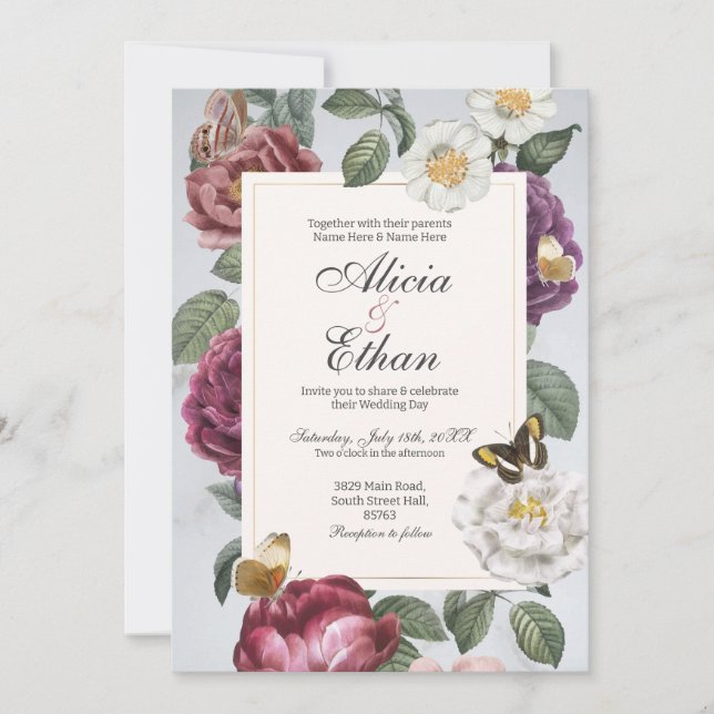Invitation Fleurs Mariage Moderne Aquarelle (Devant)