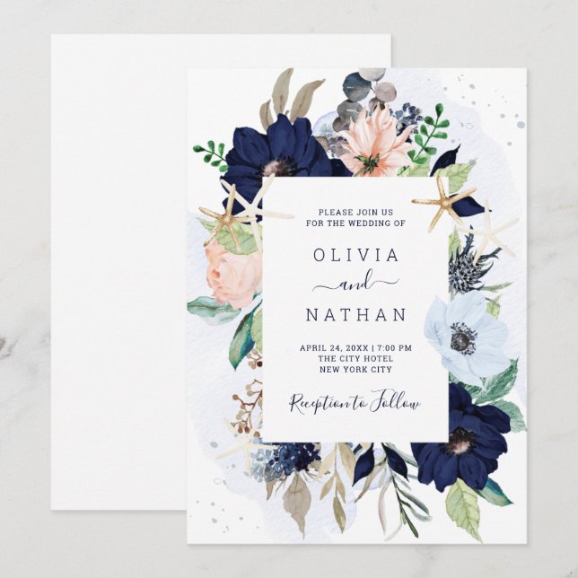 Invitation Fleurs marines Mariage bleu et rose pâle de la mar (Devant / Derrière)