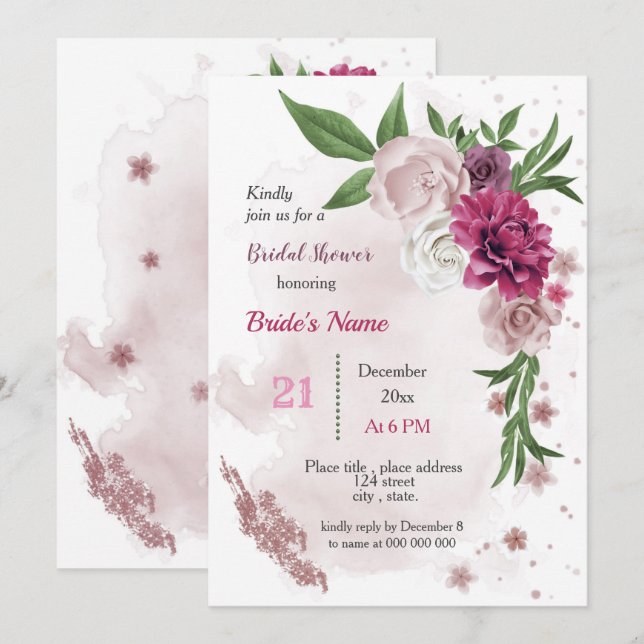 Invitation fleurs mauves roses & douches nuptiales feuilles v (Devant / Derrière)