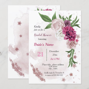 Invitation fleurs mauves roses & douches nuptiales feuilles v