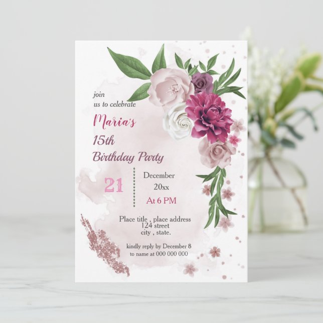 Invitation fleurs mauves roses et feuilles verts (Debout devant)
