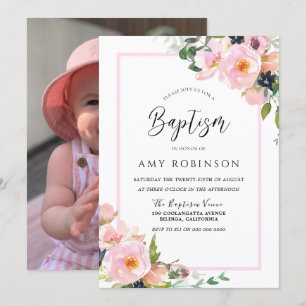 Invitation Fleurs mignonnes Blush Filles Photo Baptême