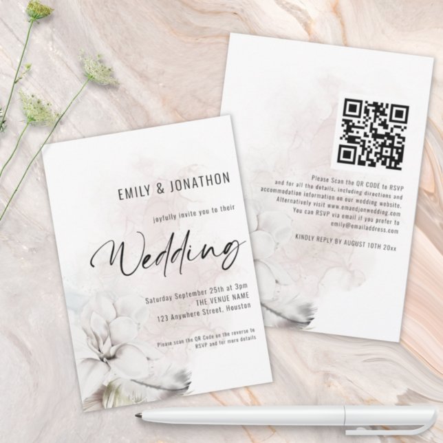Invitation Fleurs Modernes à l'Aquarelle Blanche Code QR Mari (Créateur téléchargé)