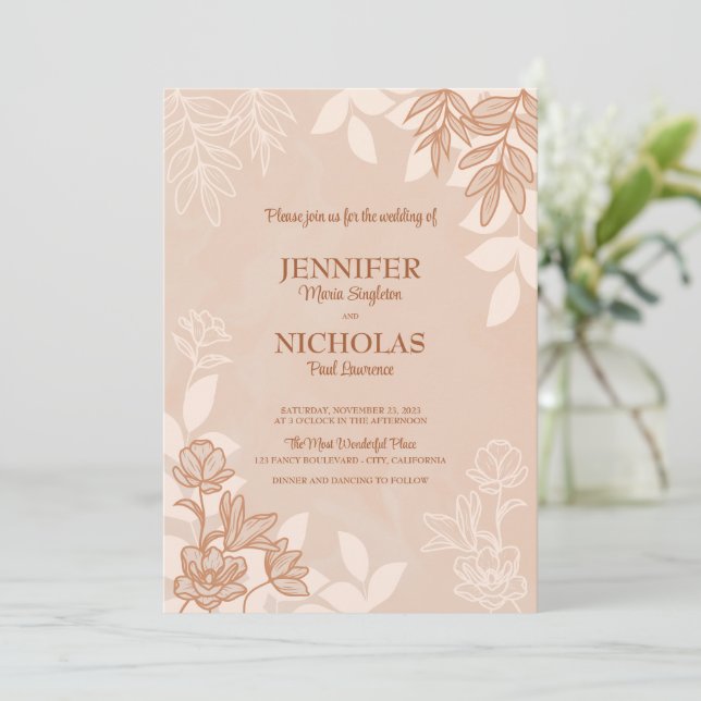 Invitation Fleurs modernes et ornements Feuille pour Mariage (Debout devant)