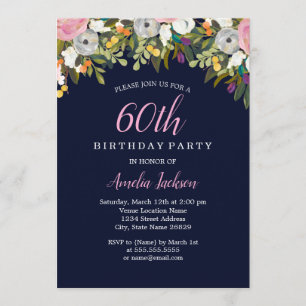 Invitation Fleurs Modernes Navy Rose 60e Anniversaire
