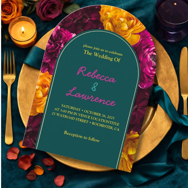 Invitation Fleurs modernes rose vert jaune (Créateur téléchargé)