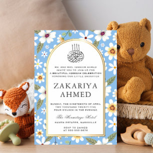 Invitation Fleurs Motif bleu islamique Aqiqa Aqeeqa Baby