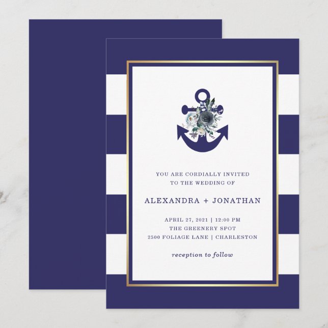 Invitation Fleurs nautiques | Mariage de la bande florale ble (Devant / Derrière)
