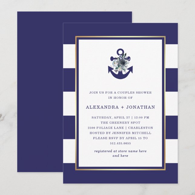Invitation Fleurs nautiques | Marine Blue Stripe Couples Douc (Devant / Derrière)