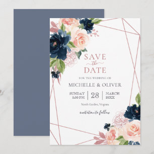 Invitation Fleurs Navy et Blush Géométrique Enregistrer la Da