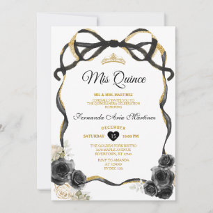 Invitation Fleurs noires Bow Ruban Or Couronne Mis Quince