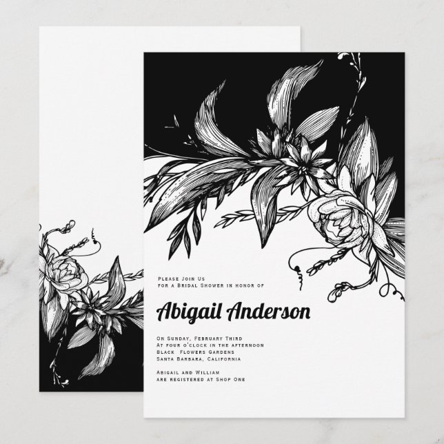 Invitation Fleurs noires et blanches mariage douche nuptiale (Devant / Derrière)