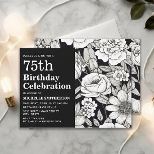 Invitation Fleurs noires et blanches pour les 75 ans d'une fe