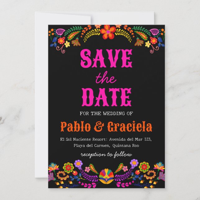 Invitation fleurs noires mexicaine enregistrer la date (Devant)