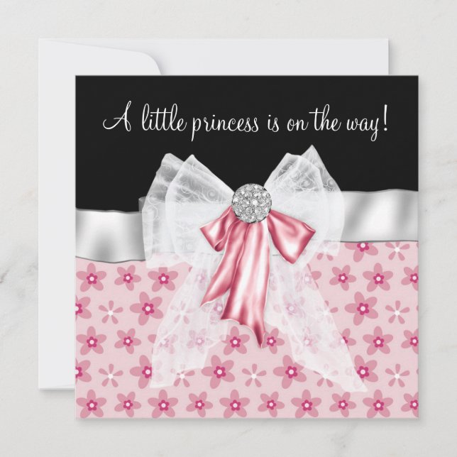 Invitation Fleurs noires roses Bows Princess Baby shower (Devant)