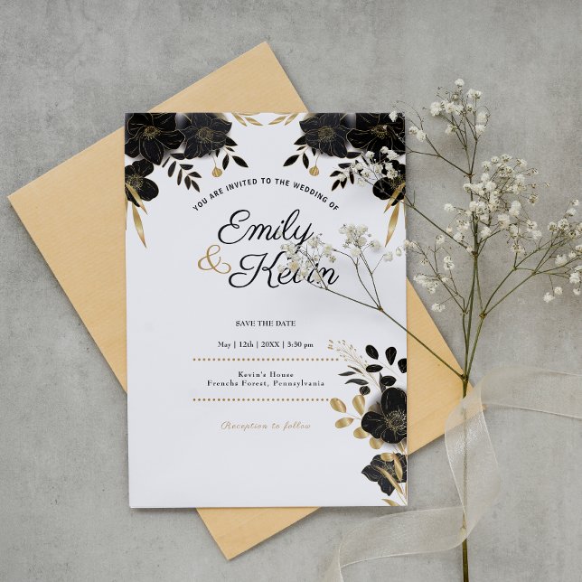 Invitation Fleurs noires RSVP modernes et élégantes personnal (Créateur téléchargé)