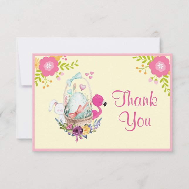Invitation Fleurs, Oeuf, Flamant rose et lapin aquarelle Merc (Devant)