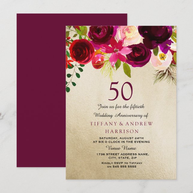 Invitation Fleurs Or & Bourgogne 50e Anniversaire de Mariage (Devant / Derrière)