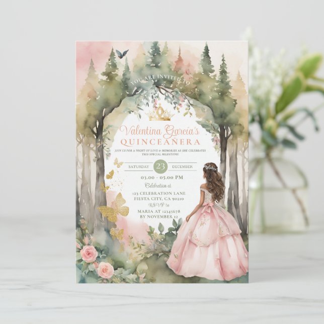 Invitation Fleurs Or rose Peach Quinceañera 15 Anos (Debout devant)