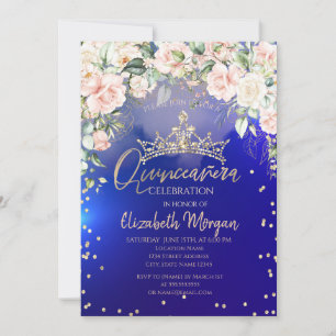 Invitation Fleurs Or Tiara Diamonds Bleu Quinceañera
