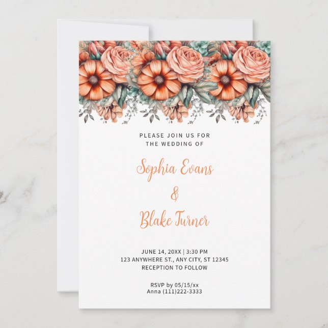 Invitation Fleurs orange et Mariage blanc vert (Devant)
