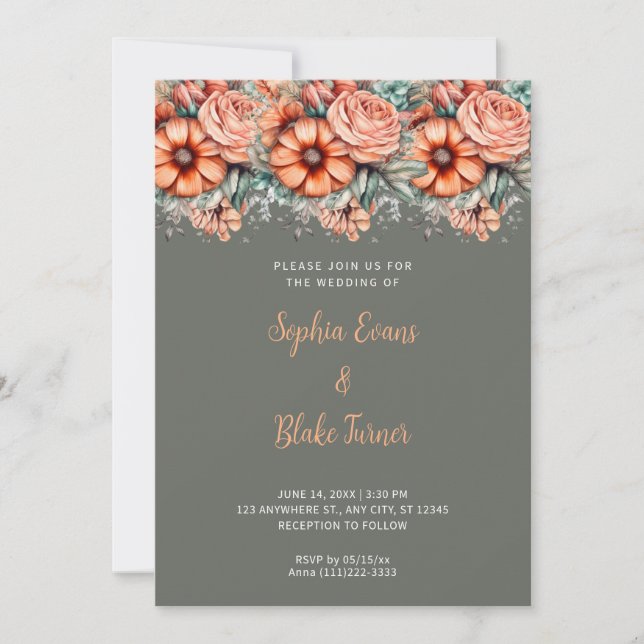 Invitation Fleurs orange et Mariage vert verdoyant (Devant)