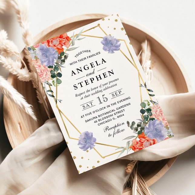 Invitation Fleurs orange et violet Mariage Gold Frame In (Créateur téléchargé)