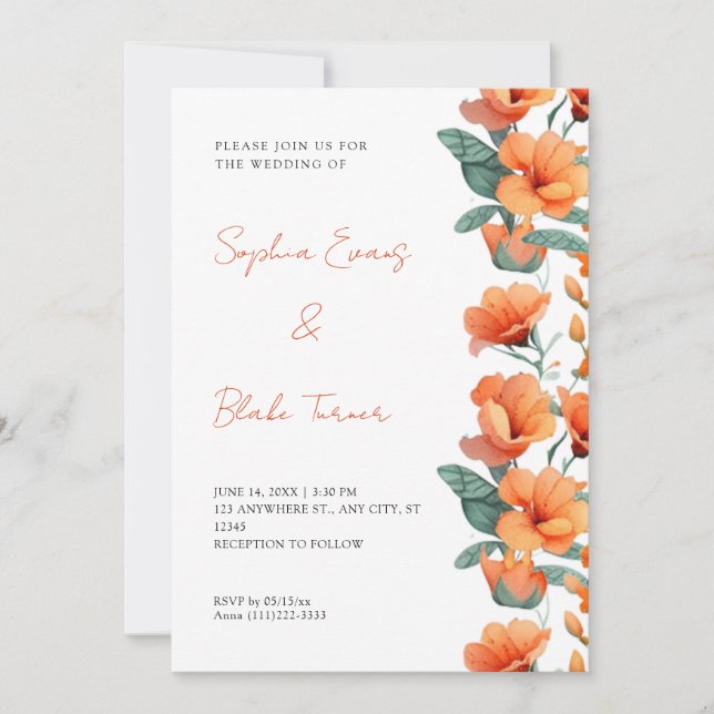 Invitation Fleurs orange modernes Mariage blanc (Devant)