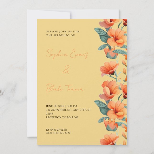 Invitation Fleurs orange modernes Mariage jaune (Devant)