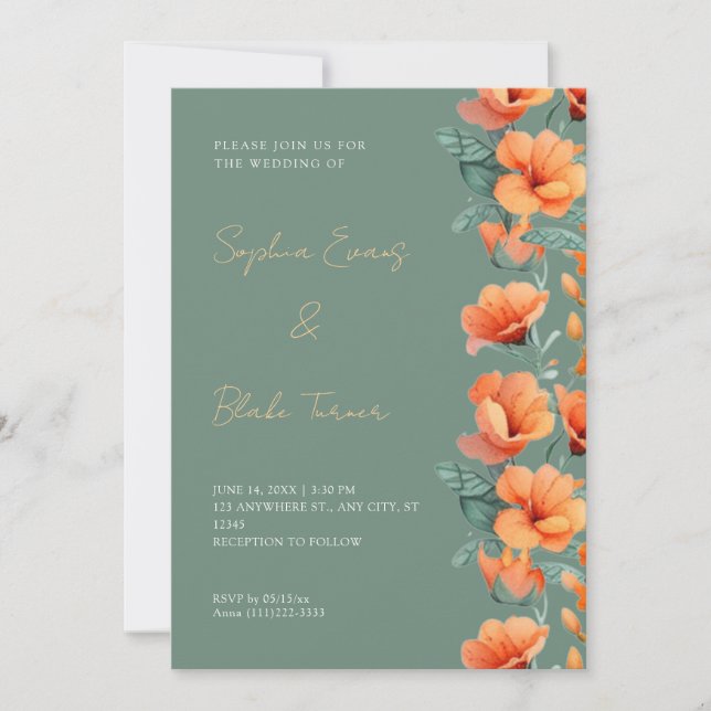 Invitation Fleurs orange modernes Mariage vert automne (Devant)