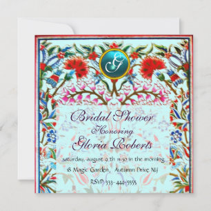 Invitation FLEURS ORIENTALES DAMASK MONOGRAM Blue Aquamarine