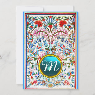 INVITATION FLEURS ORIENTALES ROSE BLEU DAMASSÉ MONOGRAMME GEM