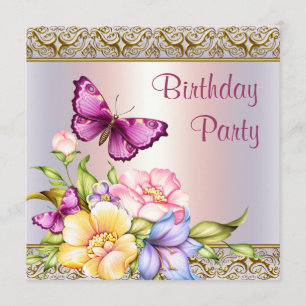 Invitation Fleurs papillon de couleur or rose pour l'annivers