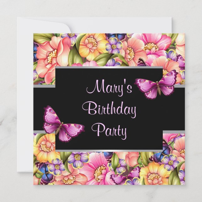Invitation Fleurs Papillon Rose Anniversaire Femme (Devant)