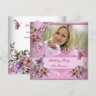 Invitation Fleurs Papillon Rose Blanc Jolies Fête d'Anniversa