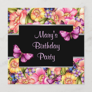 Invitation Fleurs Papillon Rose Fête d'anniversaire de femme