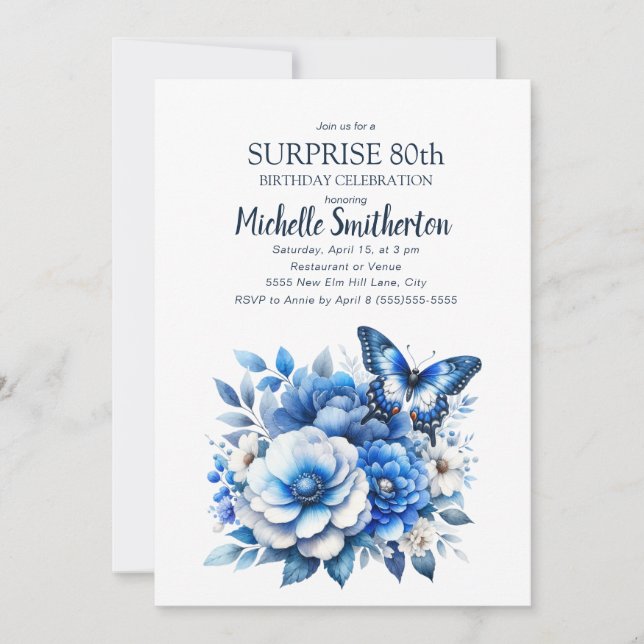 Invitation Fleurs papillons bleues Surprise 80e anniversaire (Devant)