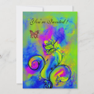 Invitation FLEURS & PAPILLONS fantaisistes bleu jaune violet