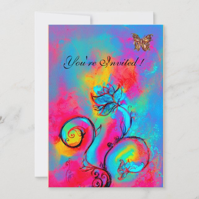 Invitation FLEURS & PAPILLONS fantaisistes rose bleu jaune (Devant)