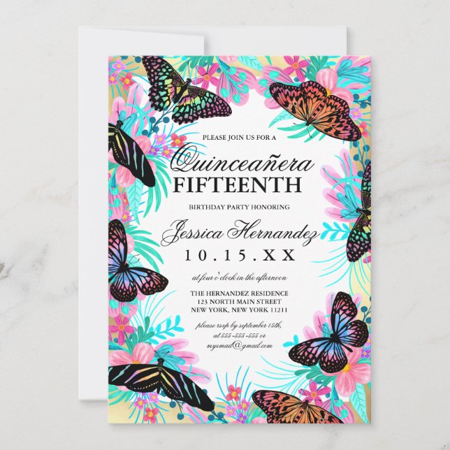 Invitation Fleurs papillons Feuille Aquarelle Quinceañera (Devant)