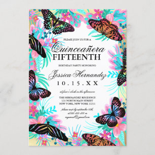 Invitation Fleurs papillons Feuille Aquarelle Quinceañera