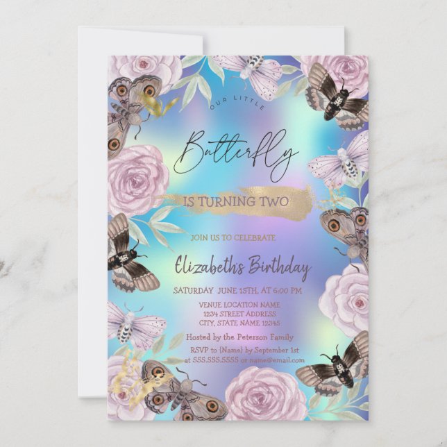 Invitation Fleurs Papillons Holographique Anniversaire (Devant)