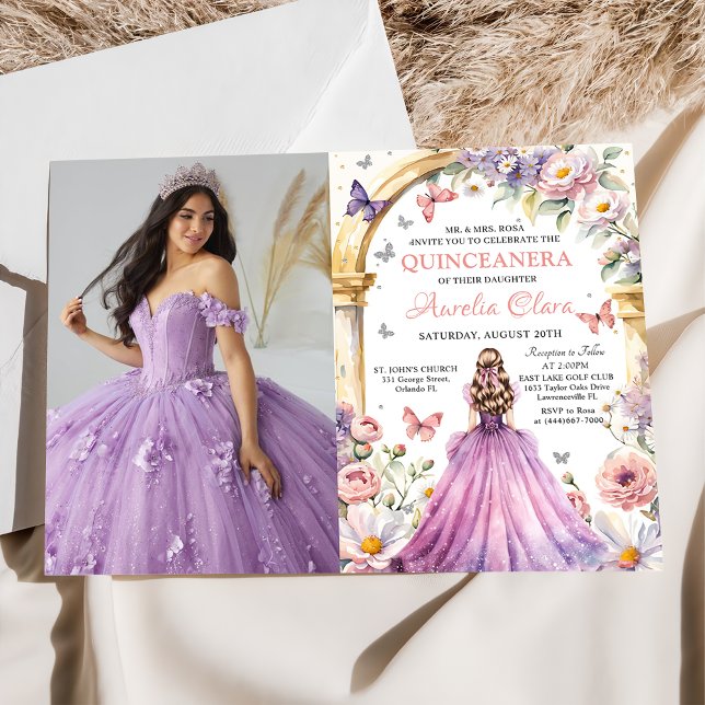 Invitation Fleurs Papillons Lilac Princesse Quinceañera (Créateur téléchargé)