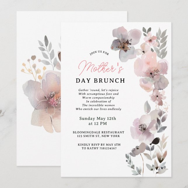 Invitation Fleurs pastel Aquarelle botanique Fête des mères (Devant / Derrière)