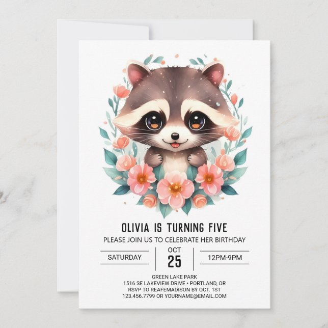 Invitation Fleurs Pastel Raccoon Fille Anniversaire (Devant)