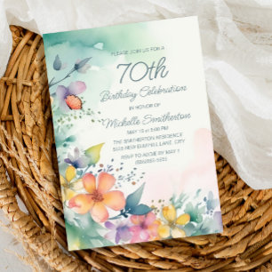Invitation Fleurs pastel rose sarcelle jaune 70e anniversaire