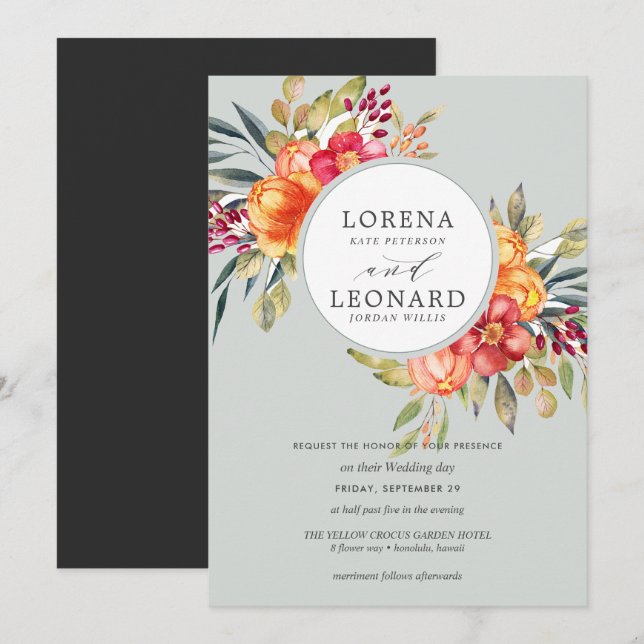 Invitation Fleurs peintes monogramme couronne mariage gris cl (Devant / Derrière)