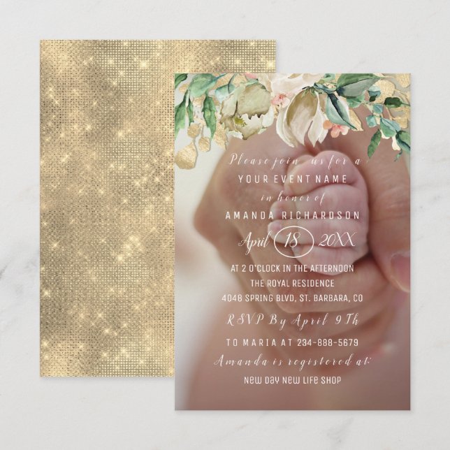 Invitation Fleurs photo baby shower Brunch Spark Gold (Devant / Derrière)