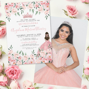Invitation Fleurs Photo Blush Rose Quinceanera